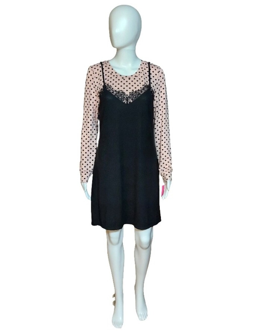 Betsey Johnson Long Sleeve Polka Dot Lace Trim Slip Dress